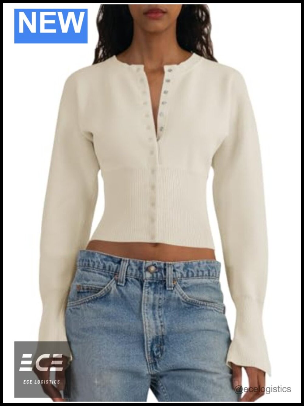 Cropped V-Neck Button Down Cardigan Sweater Ribbed Knit Slim Fit